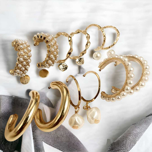 Golden Pearl Studs and Hoop Earrings (6Pcs)