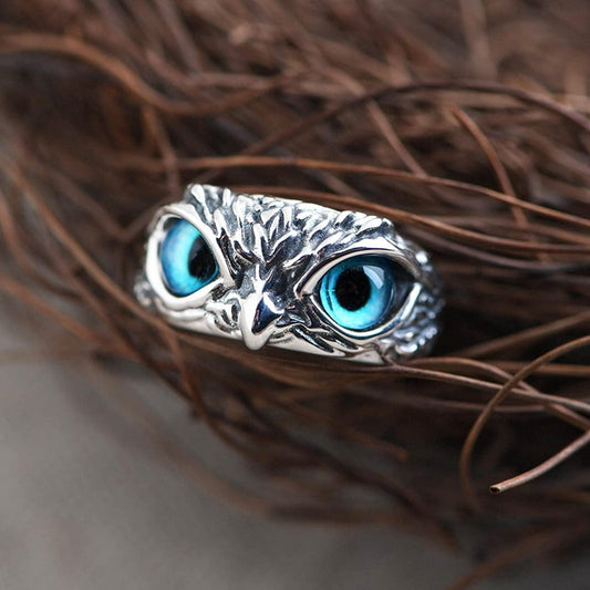 Silver Blue Eyes Owl Ring