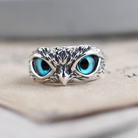 Silver Blue Eyes Owl Ring