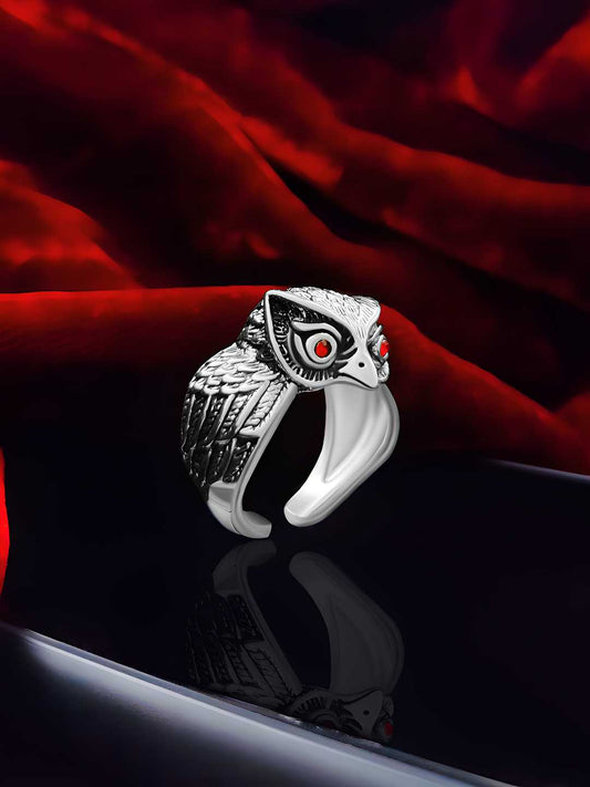 Silver Red Eye Owl Ring