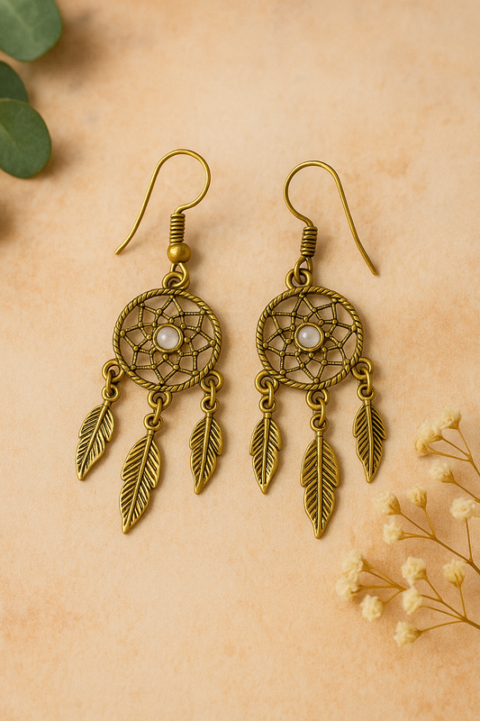 Golden Moon Stone Dreamcatcher Earrings