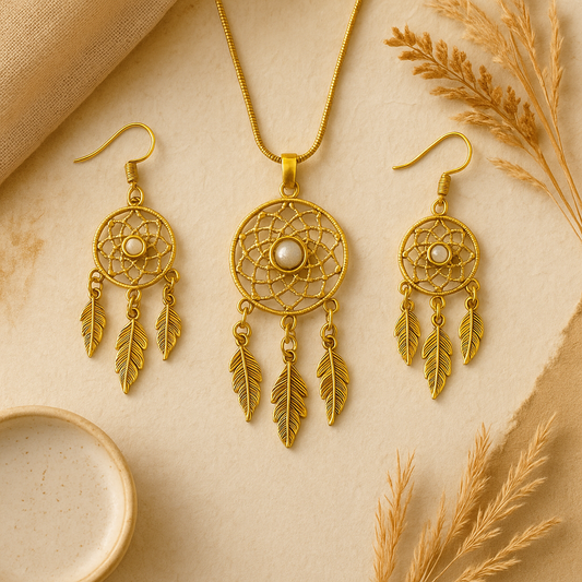 Silver Stone Dreamcatcher Necklace & Earrings Set