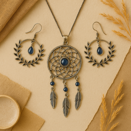 Silver Stone Dreamcatcher Necklace with Greek style Earrings