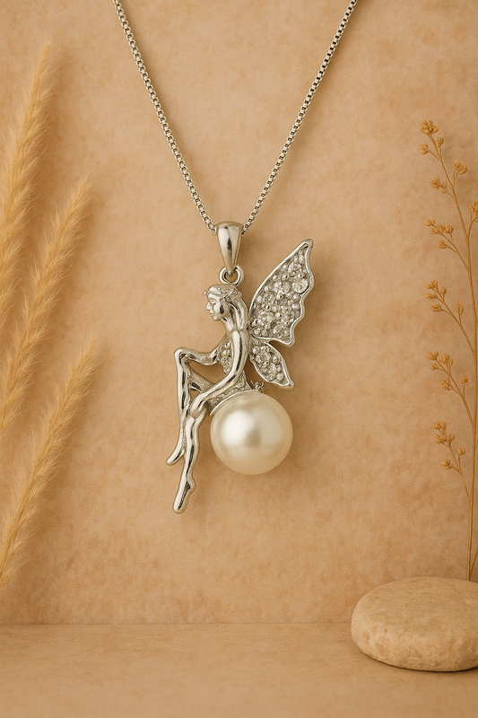 Silver Thinkerbell Angle with Pearl Necklace